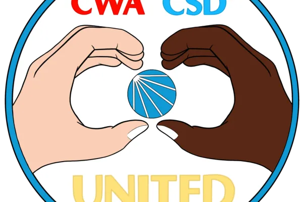 The CWA-CSD Workers United logo. Shows two hands, one African American and one white, signing the American Sign Language word for "communication".