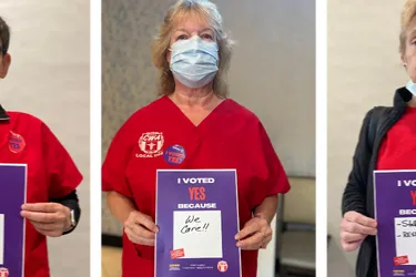 Three pictures of CWA Local 1168 members holding "I voted Yes" signs