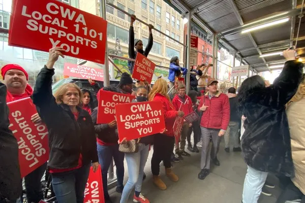 CWA Local 1101 and other District 1 members rallying with striking NY Times workers
