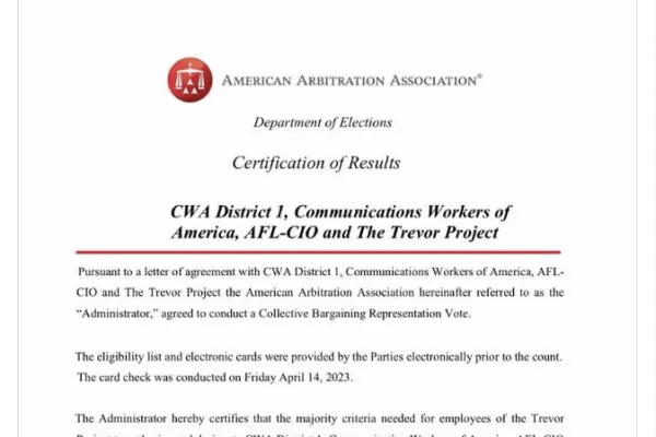 Friends of Trevor vote to join CWA Local 1180