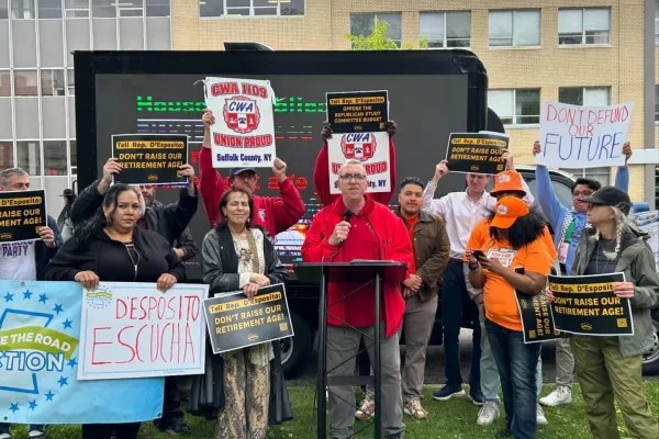 CWA Local 1109 member Michael Gendron speaking at rally to protect Medicaid and Social Security