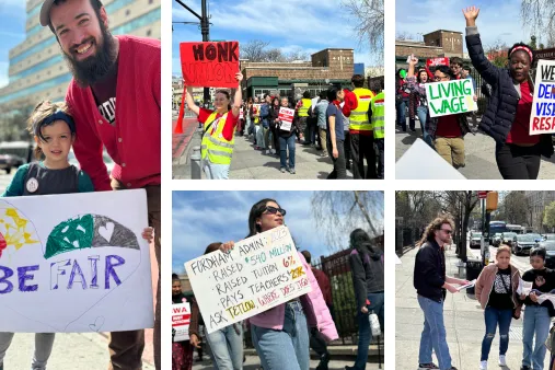 Collage of photos from CWA Local 1104 Fordham rally