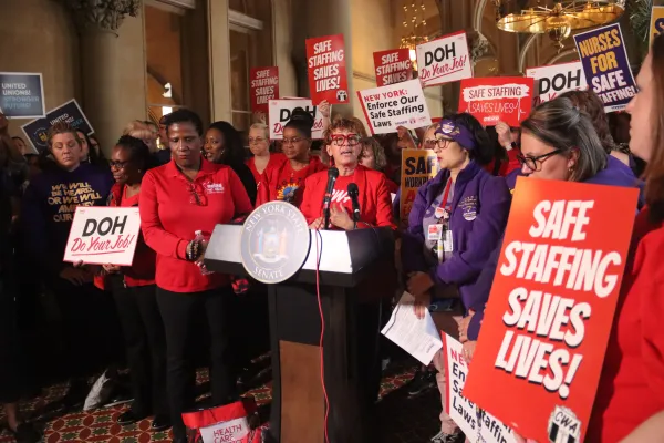 CWA Local 1104's Lavita Payton speaking at rally in Albany for safe staffing