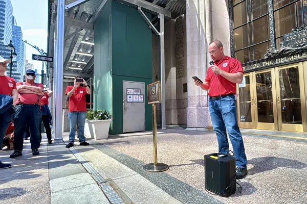 CWA District 1 Assistant to the Vice President Billy Gallagher at Law360 strike rally