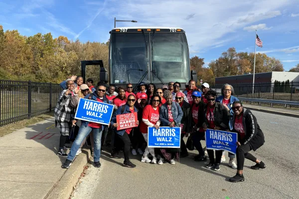CWA New Yorkers bus to Philadelphia to doorknock for Harris/Walz