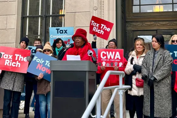 CWA Local 1040 President Michele Long-Vickers speaking at rally in Trenton