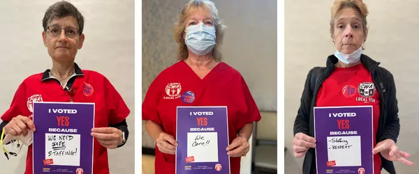 Three pictures of CWA Local 1168 members holding "I voted Yes" signs