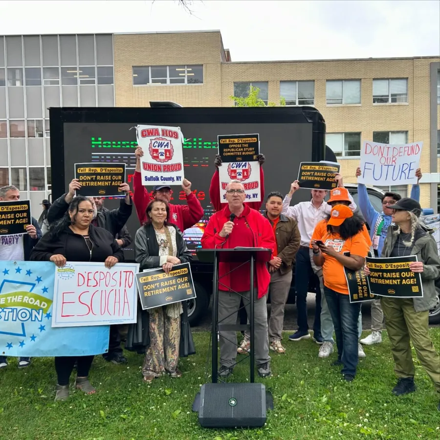 CWA Local 1109 member Michael Gendron speaking at rally to protect Medicaid and Social Security