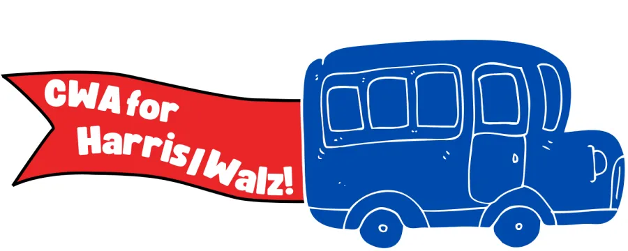 Get on the bus graphic - CWA for Harris/Walz