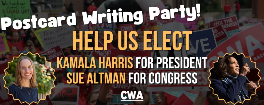 Postcard party graphic for Harris and Altman