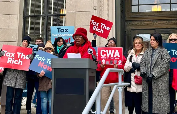 CWA Local 1040 President Michele Long-Vickers speaking at rally in Trenton