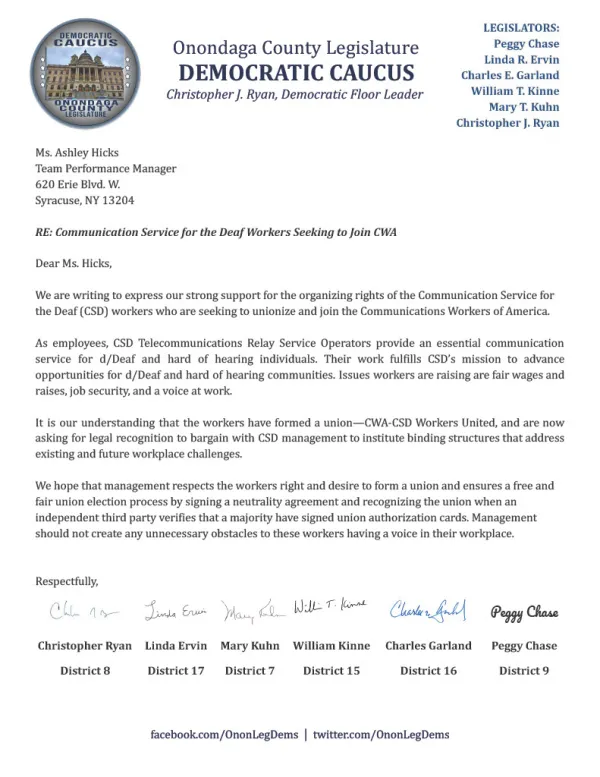 Onondaga County Legislature Democratic Caucus Supports CWA-CSD