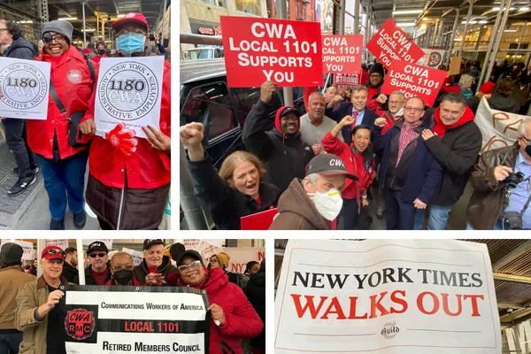 Collage of photos of CWA D1 members and retirees at NY Times strike