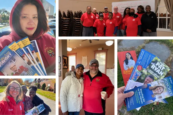 Collage of photos of CWA members volunteering during election season