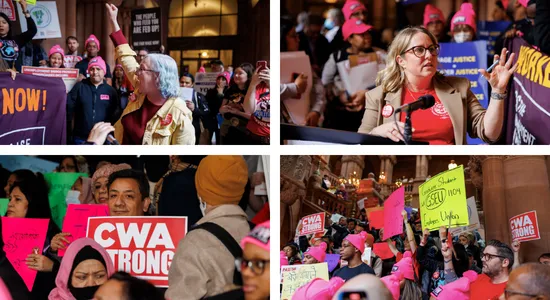 Collage of minimum wage rally photos by CWA Local 1104 member Sean Kennedy