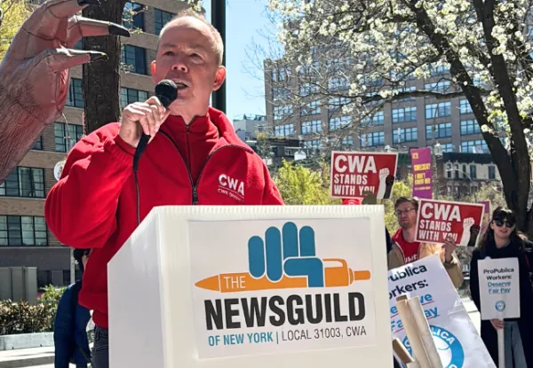Billy Gallagher speaking at NewsGuild-CWA rally
